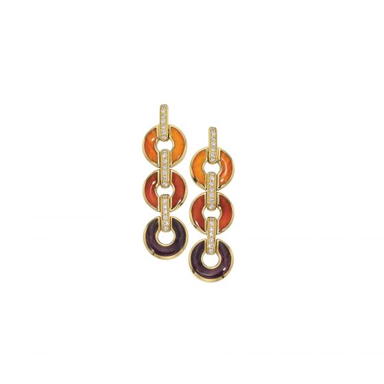 14k Yellow Gold Riviera earrings with inlay Spiny Oyster and Diamonds