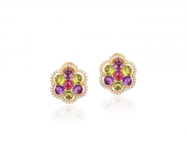 18k Yellow Gold Goshwara Mischief Floral Earrings with Amethyst, Peridot, Rubellite and Diamonds