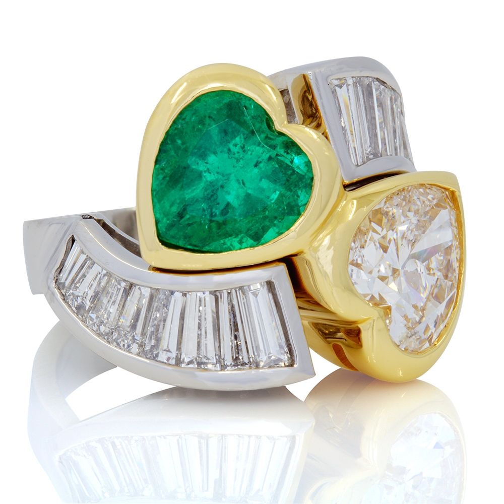 Platinum and 18K Yellow Gold Heart Saped Emerald and Diamond Ring