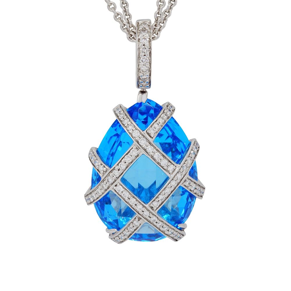 18K White Gold Fantasy Cut Blue Topaz and Diamond Pendant with a 17