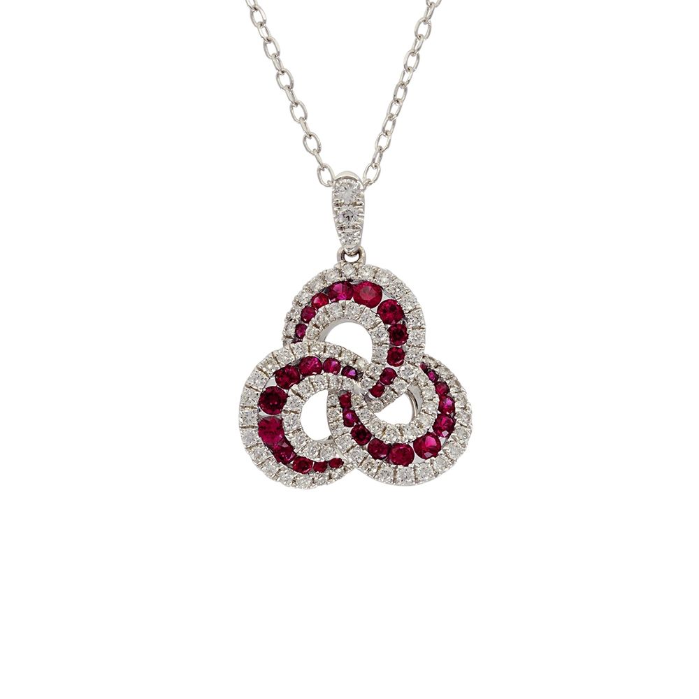 18K White Gold Ruby and Diamond Love Knot Pendant and Chain