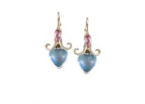 18K Two Tone Moonstone, Blue Topaz and Pink Sapphire Lever Backs Earrings